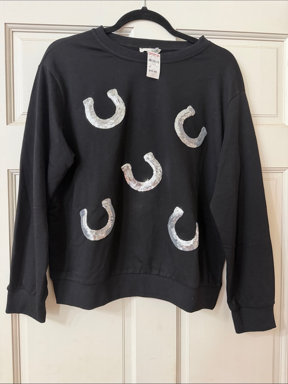 Main Strip Black Sweatshirt with Silver Sequin Horseshoes